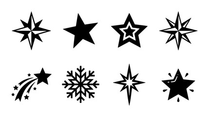 Obraz premium Diverse Star Icons Set, Celestial Symbols Collection, Festive Snowflake and Shooting Star Graphics, Black and White Vector Elements for Design