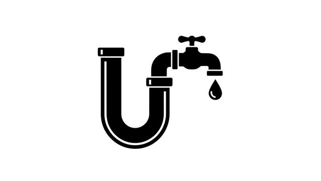 Black icon of a U-bend pipe with a dripping faucet, symbolizing plumbing issues