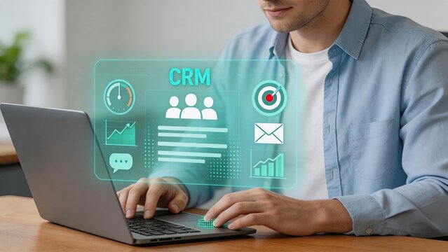 Customer relationship management CRM software system interface on laptop, business administration tool for client database, sales tracking, email marketing automation and team