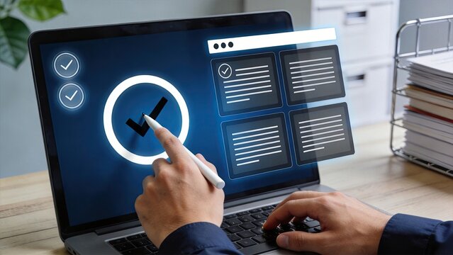 Digital checklist approval on laptop screen, business verification process with stylus pen, online form submission concept, task management software interface, productivity tools