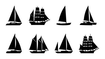 Set of 8 Black Silhouette Sailboat Icons, Nautical Vessels Collection, Maritime Transport Vector Graphics for Marine Themes © Jakir