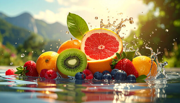 Fresh Assorted Fruits with Vibrant Water Splashes Outdoors
