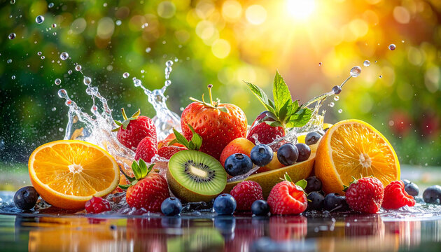 Fresh mixed fruits water splash under bright sunlight outdoors