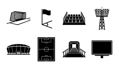 Soccer Stadium Icons Set: Goal, Corner Flag, Grandstand, Floodlight Tower, Arena, Pitch, Tunnel, Screen © Lamiya