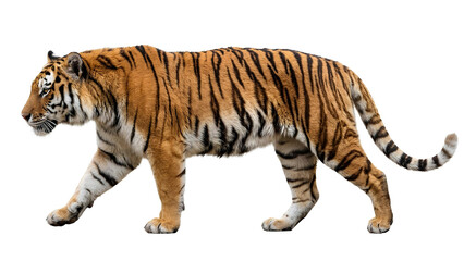 Obraz premium Majestic Bengal Tiger Walking Isolated on Transparent Background PNG – Realistic Wildlife Animal Cutout