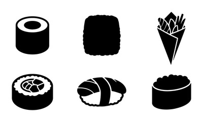 Six Black Sushi Icons, Japanese Food Vector Set, Maki Rolls and Nigiri Graphics, Asian Cuisine Elements © Lamiya