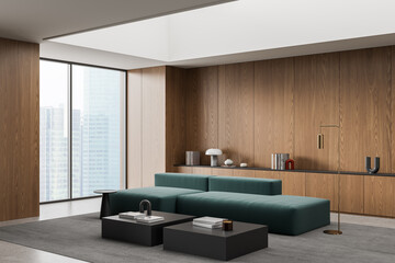 Obraz premium Modern interior lounge with teal modular sofa, wood‑panel walls, city‑view windows, sculptural decor and sleek furnishings arranged in spacious contemporary room. 3D Rendering