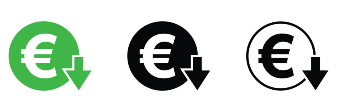 Cost Reduction Vector Signs Set Featuring Euro Decrease Icons, Budget Savings Symbols, and Economic Downtrend Illustration Collection