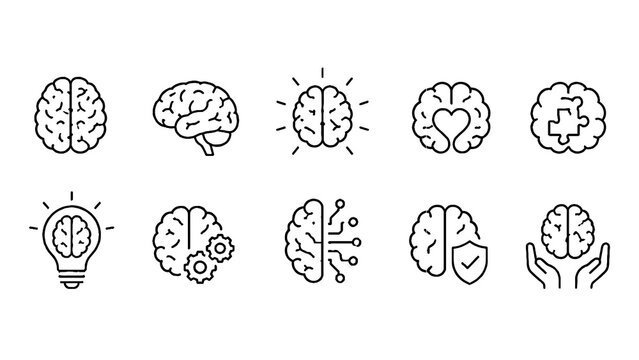Brain and Intelligence Icons Set &ndash; Creativity, Thinking and Cognitive Function Symbols
