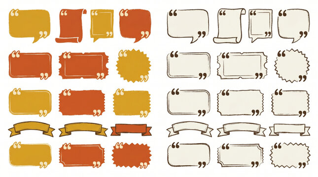 Quote box vector frame layout template collection with quotation marks for text citation design. Set of hand drawn speech bubbles banners scrolls and labels for testimonial information field