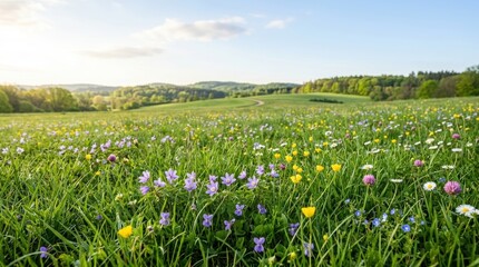 Fototapeta premium Colorful wildflower meadow in a rolling green landscape. Sunny spring morning in a countryside field with blooming grass and flowers. Natural environment and wilderness summer scenery.