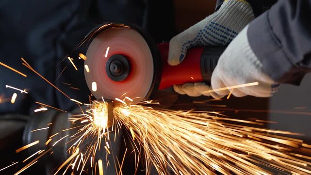  a worker in gloves cutting metal with an angle grinder tool in a workshop