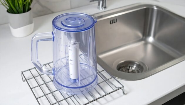 Clear, plastic water filtration pitcher sits on rack near a sink, lit well, modern kitchen