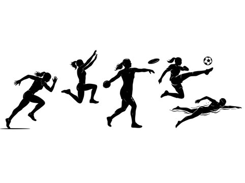 Athletic female silhouettes set, black vector icons of women in sports, active female athletes running jumping and swimming, competitive sport collection