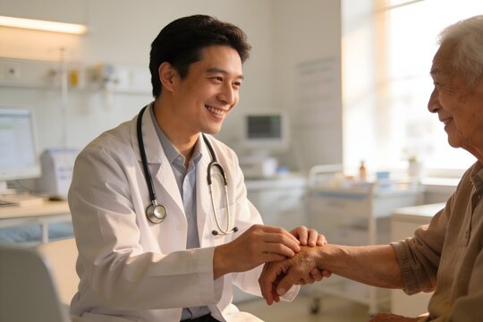 Attentive Physician Consult: A compassionate physician in a white coat gently examines a patient's wrist in a bright, modern clinic, fostering trust and care.