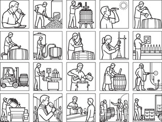 Obraz premium A multi-panel infographic illustrating the detailed process of winemaking, from grape harvesting and crushing to fermentation, aging, bottling, and quality control, all depicted in a clean.