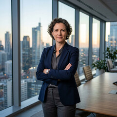 Fototapeta premium Confident professional businesswoman with curly hair standing with arms crossed in modern high rise executive office building overlooking sprawling urban cityscape during sunset hours work atmosphere.