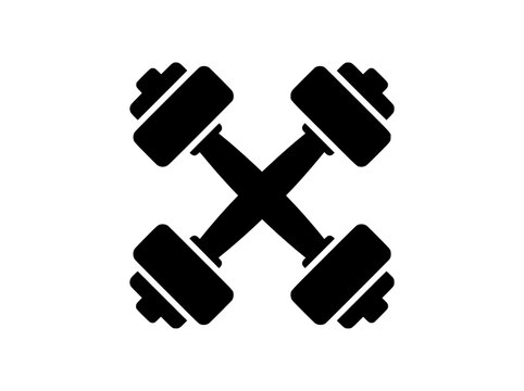 Minimalist crossed dumbbells icon, black silhouette fitness equipment vector, gym and bodybuilding weightlifting logo for sports branding