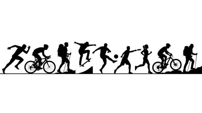 Athletic sports silhouettes collection, black vector icons of running cycling and hiking, active lifestyle people set for fitness branding