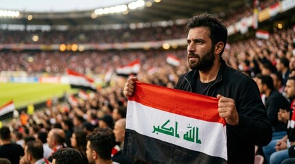 Naklejka premium Iraqi football supporter holding national flag in crowded stadium