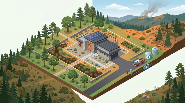 Isometric illustration of fire-resistant home architecture and wildfire protection systems in a forest landscape