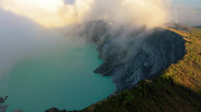 Java Island Indonesia Stunning Drone Shot of Mount Ijen and Turquoise Crater Lake