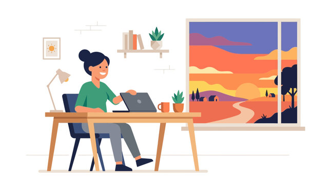 Woman working from home achieving WLB & Digital Detox while enjoying a beautiful sunset view through the window