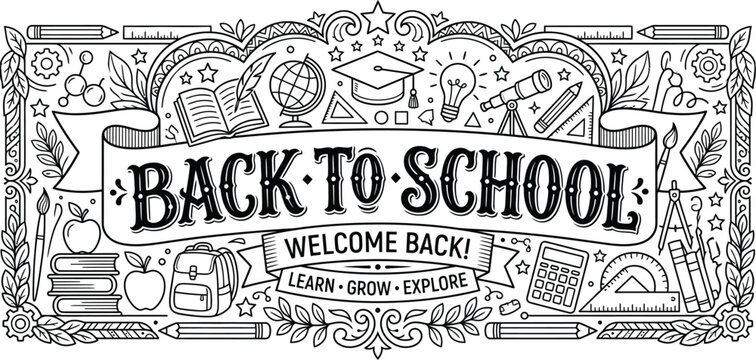 Back to school illustration with educational icons and school supplies in a decorative border with a banner reading welcome back learn grow explore in a fun graphic design