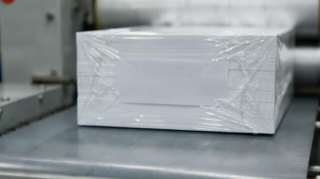Closeup medium shot of glossy wrap packaging around paper stacks focusing on reflective surfaces and label placement during quality control.