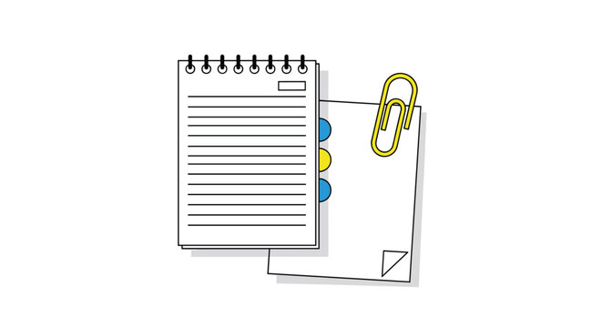 Spiral notepad with lined pages and colorful tabs placed next to a blank sheet of paper secured by a yellow metal paperclip.