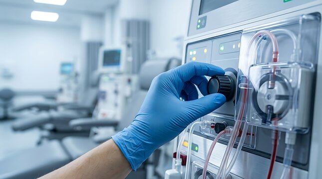 Medical professional in blue glove adjusts dialysis machine control knob in sterile treatment room with other equipment in background.