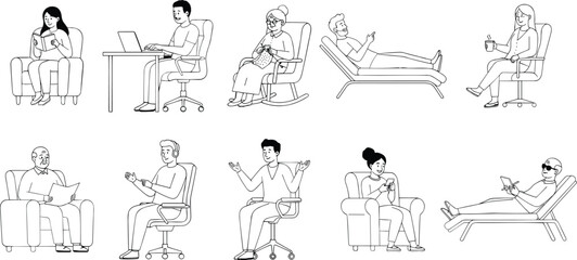 Obraz premium Set of people relaxing and working in chairs, diverse characters in daily activities, line art vector illustration.