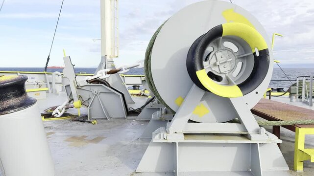 ship mooring winch turn. ropes preparation for mooring.