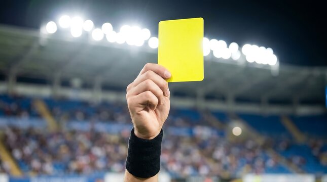 A hand holding a yellow card in a stadium