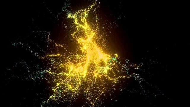Golden particles explode into a complex fluid network of glowing branching lines on black background.