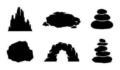Vector Rock Silhouettes: Jagged Peaks, Cairn Stacks, Stone Archway, Boulder Shapes for Nature and Geology Graphics © Roja