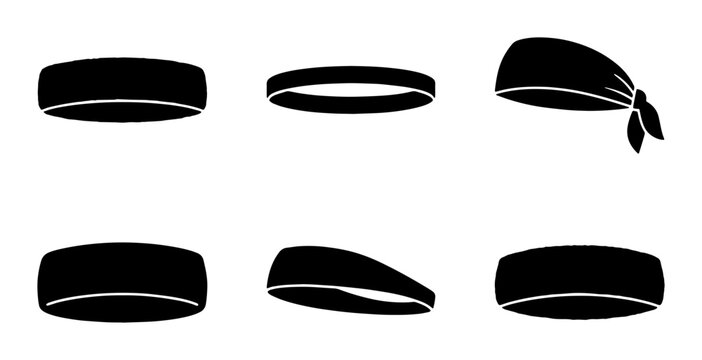Headband Vector Icons Set, Black Fabric Hair Accessories, Sports and Fashion Headwear Graphics, Simple Minimalist Bandana Styles