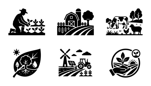 Farming Icons Set: Agriculture, Rural Life, Sustainable Growth, Organic Cultivation, Livestock, and Farm Equipment Vector Graphics