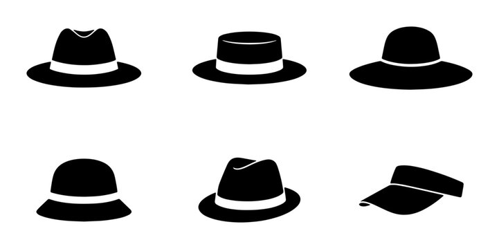 Collection of six black vector hat icons, including fedora, sun hat, and visor styles, for fashion and accessory design