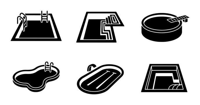 Swimming Pool Icons Set, Water Recreation Vector Graphics, Summer Leisure Collection, Outdoor Aquatic Elements