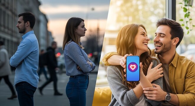 Split screen showing a young couple standing apart in a city street conflict and a happy smiling pair embracing while showing a glowing heart icon on a mobile phone screen.