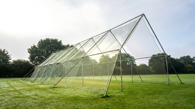 Cricket practice nets on a grassy field in the early morning