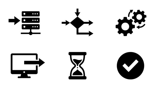 Technology Icons Set: Server, Flowchart, Gears, Computer, Hourglass, Checkmark, Data Processing, Workflow, Time Management, System Logic, Digital Input