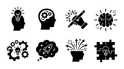 Innovation Icons Set, Brainstorming and Idea Generation Symbols, Creative Thinking and Problem Solving Vector Graphics © YusraSultana