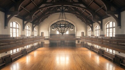 Naklejka premium Interior of a historic grand hall with wooden balcony and large chandelier