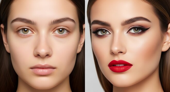 Young woman showing a dramatic comparison between her natural face without any makeup and her stunning transformation with professional styling including bold red lipstick and sharp dark eyeliner