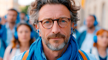 Obraz premium Mature male tourist with audio guide exploring historic city, close up travel portrait wearing headphones and eyeglasses, cultural sightseeing experience, guided tourism, technology and travel