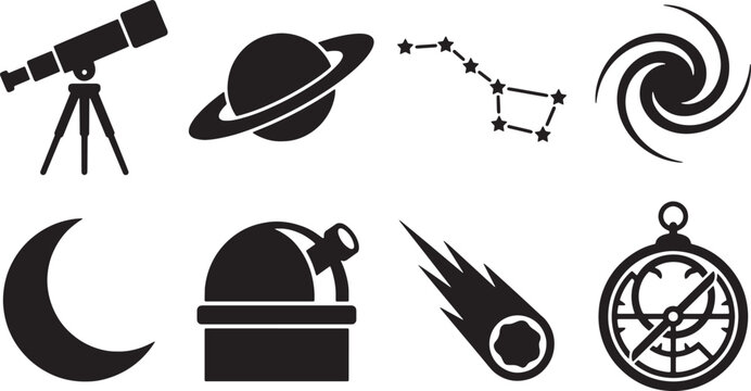 Astronomy symbols feature a series of celestial objects and stargazing equipment including a telescope, planet, constellation, galaxy, crescent moon, observatory, falling comet, and nautical compass.