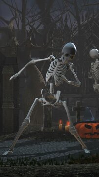 Seamless vertical video of skeletons dancing salsa in a cemetery at night. Funny halloween background.
