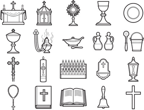 A collection of line art icons depicting various religious objects and symbols used in worship, including an altar, chalice, cross, bible, and candle.